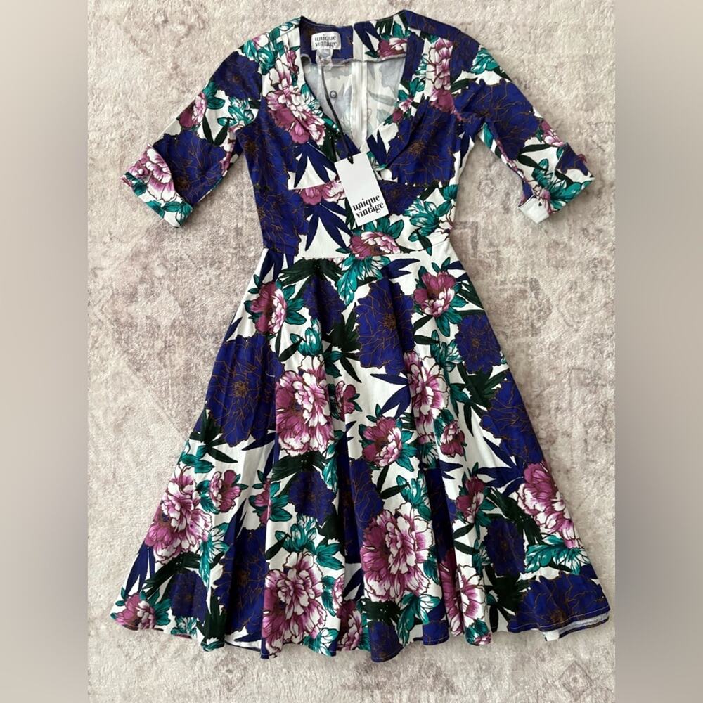 Unique Vintage 1950s Dolores‎ Swing Fit & Flare Floral Dress XXS New
